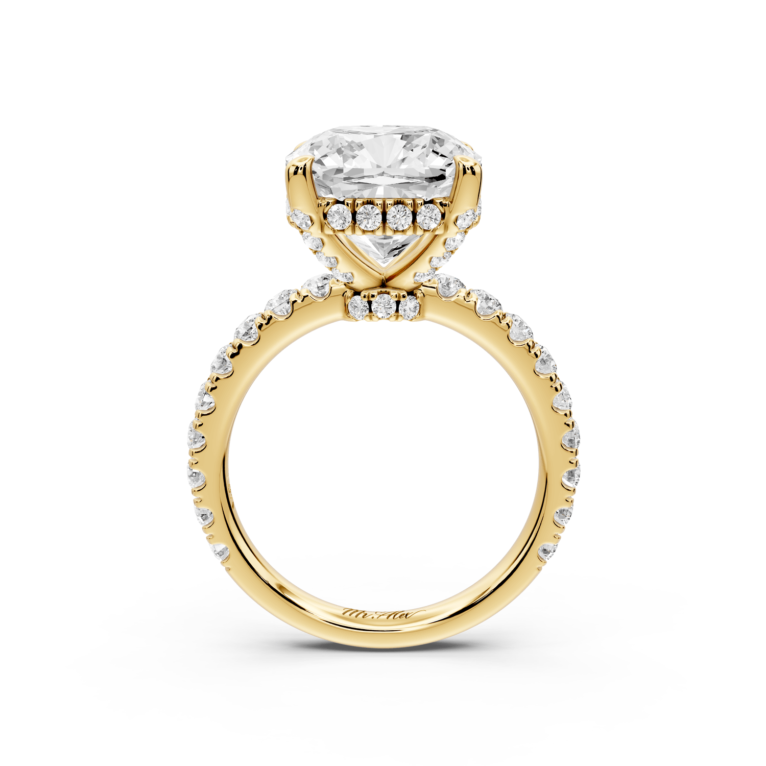 Jade - 5ct 14k yellow gold cushion hidden halo diamond crown and bridge pavé engagement ring - Mr. Alex Jewelry