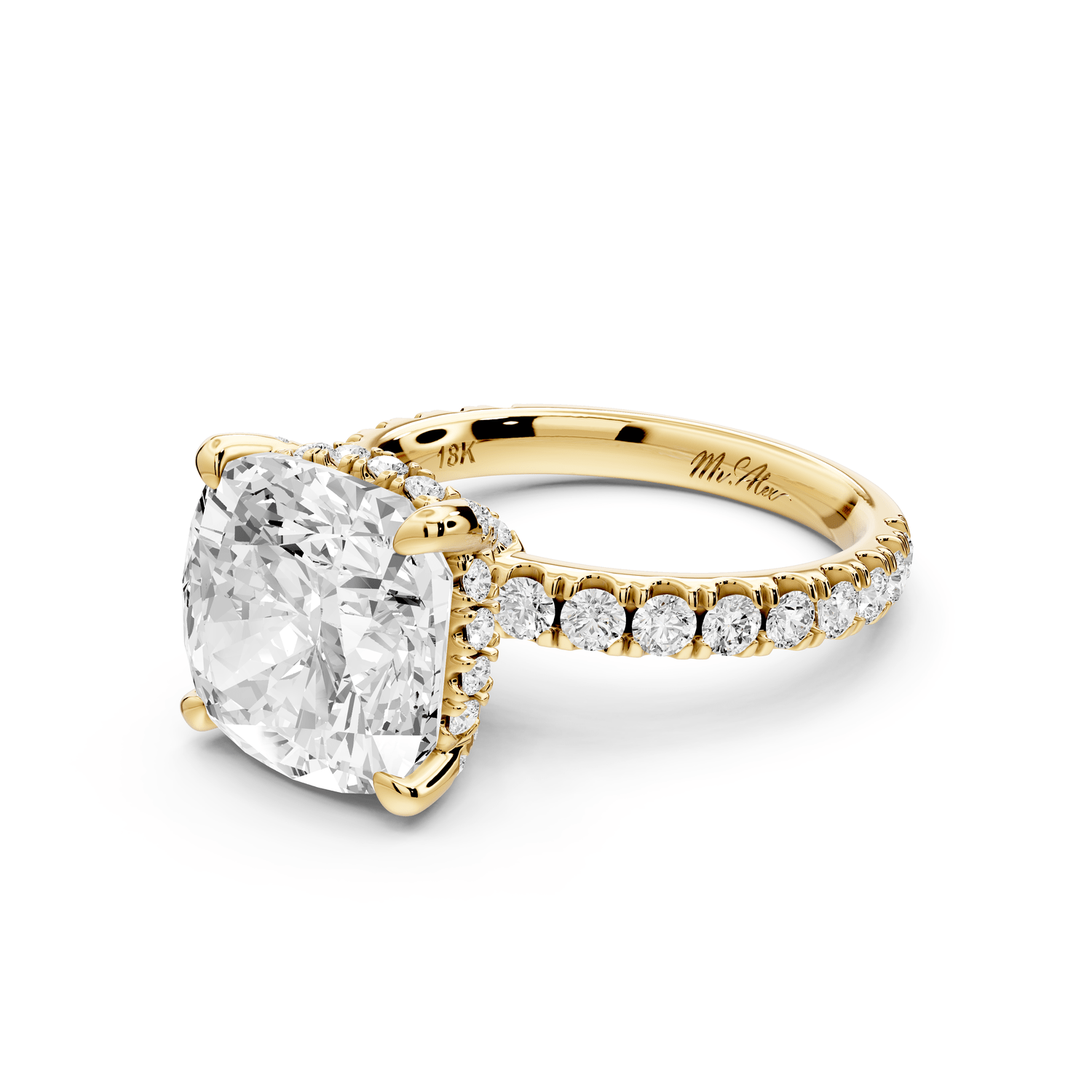 Jade - 5ct 14k yellow gold cushion hidden halo diamond crown and bridge pavé engagement ring - Mr. Alex Jewelry