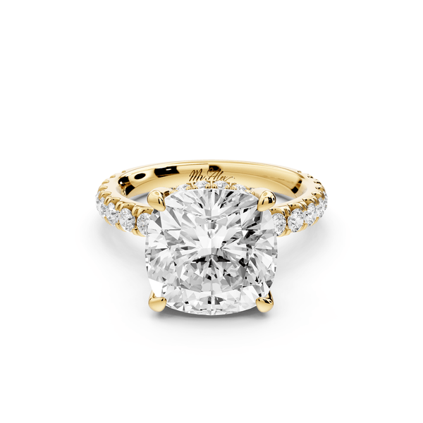 Jade - 5ct 14k yellow gold cushion hidden halo diamond crown and bridge pavé engagement ring - Mr. Alex Jewelry