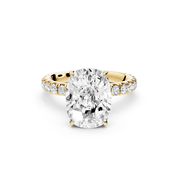 Jade - 5ct 14k yellow gold ecushion hidden halo diamond crown and bridge pavé engagement ring - Mr. Alex Jewelry