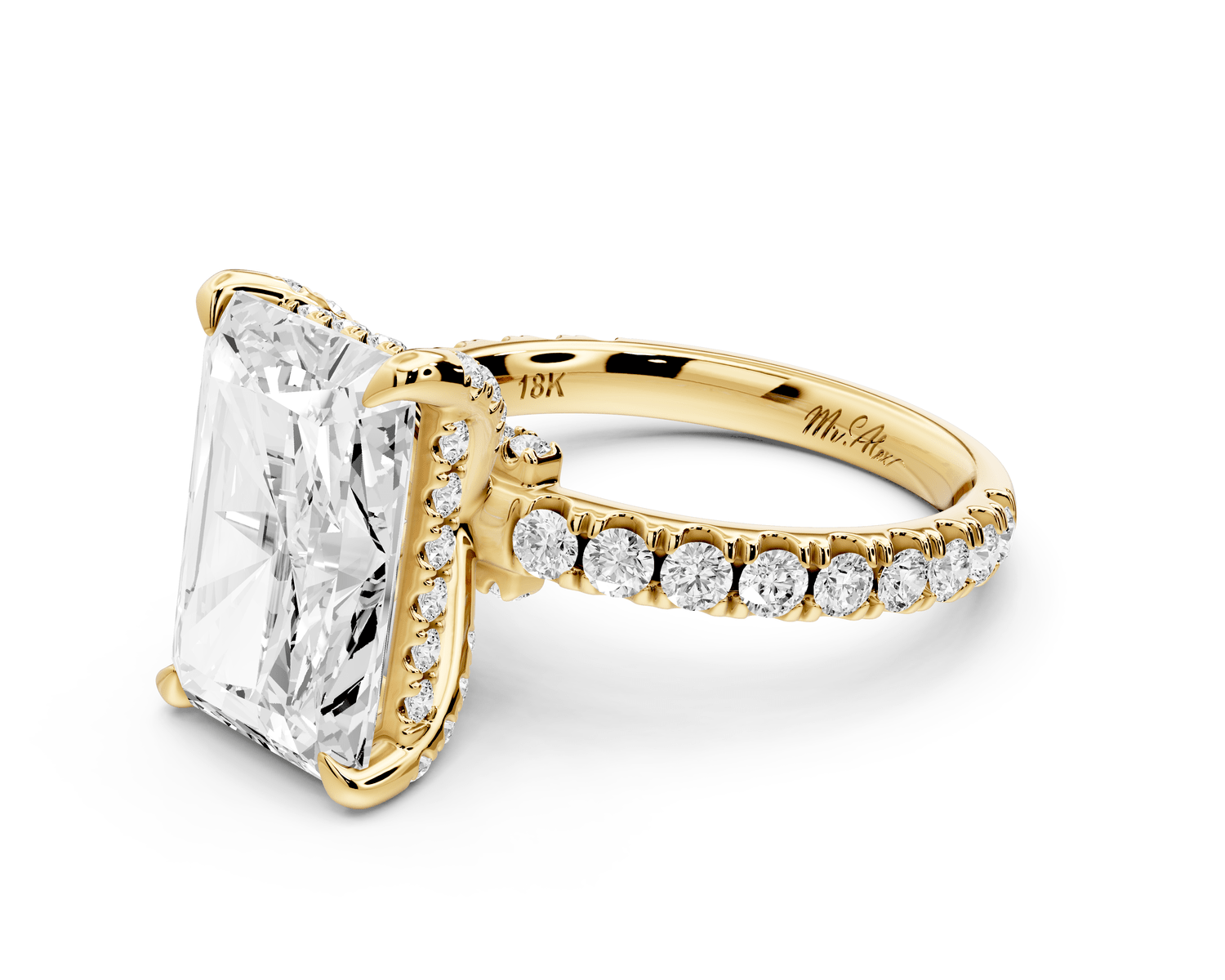 Jade - 5ct 14k yellow gold radiant hidden halo diamond crown and bridge pavé engagement ring - Mr. Alex Jewelry