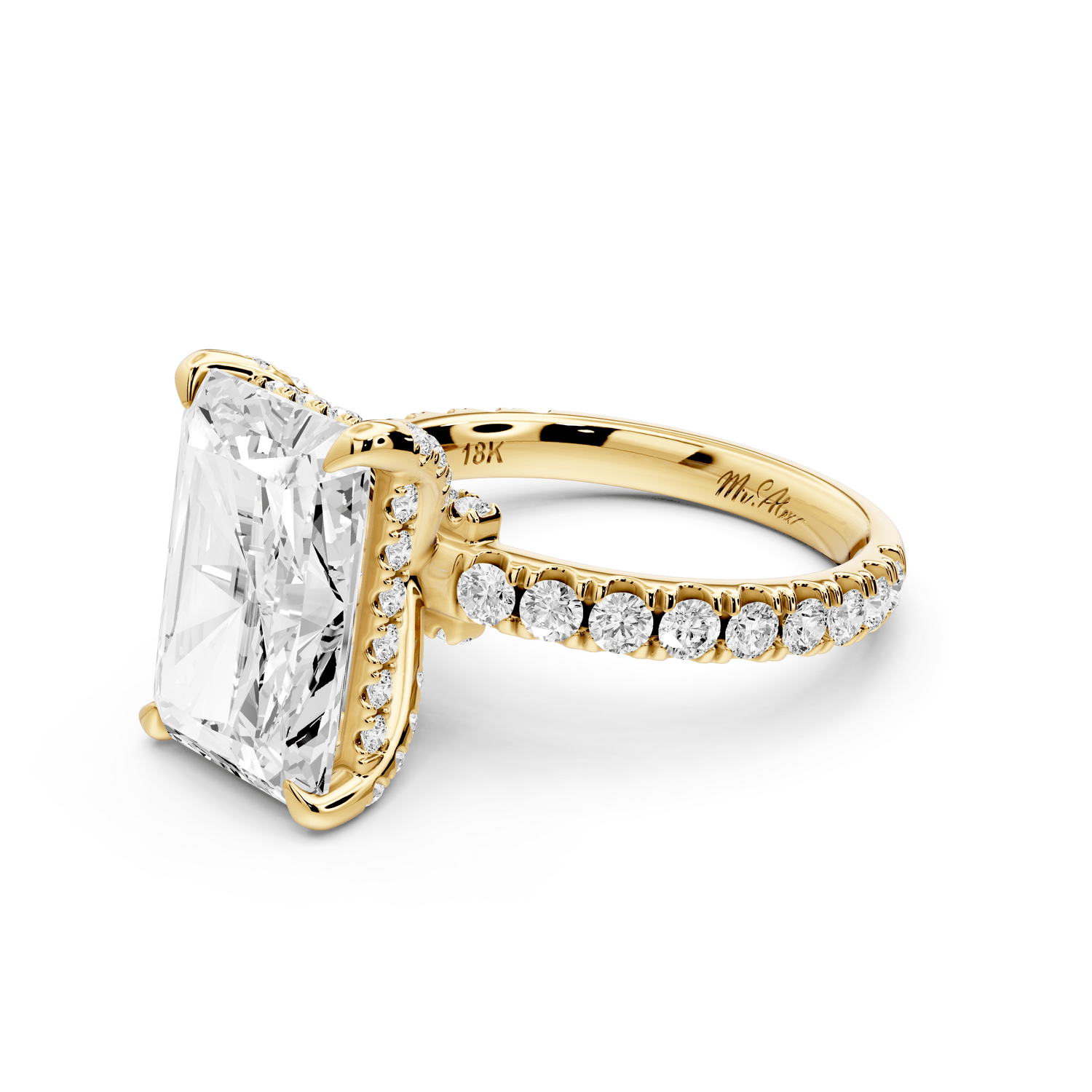 Jade - 5ct 14k yellow gold radiant hidden halo diamond crown and bridge pavé engagement ring - Mr. Alex Jewelry