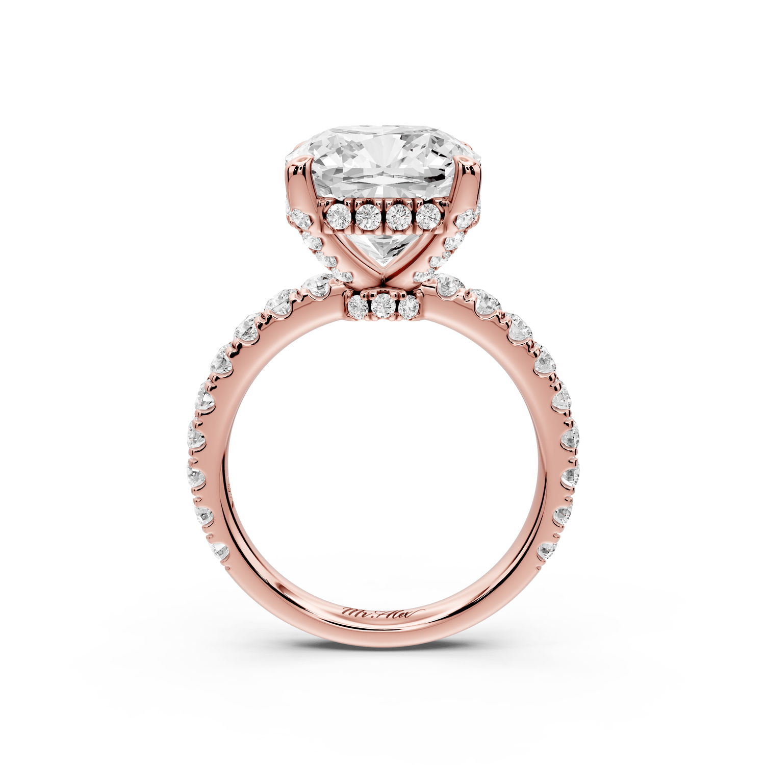 Jade - 5ct 18k rose gold cushion hidden halo diamond crown and bridge pavé engagement ring - Mr. Alex Jewelry