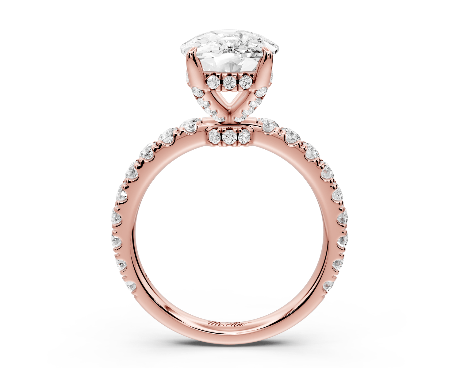 Jade - 5ct 18k rose gold ecushion hidden halo diamond crown and bridge pavé engagement ring - Mr. Alex Jewelry