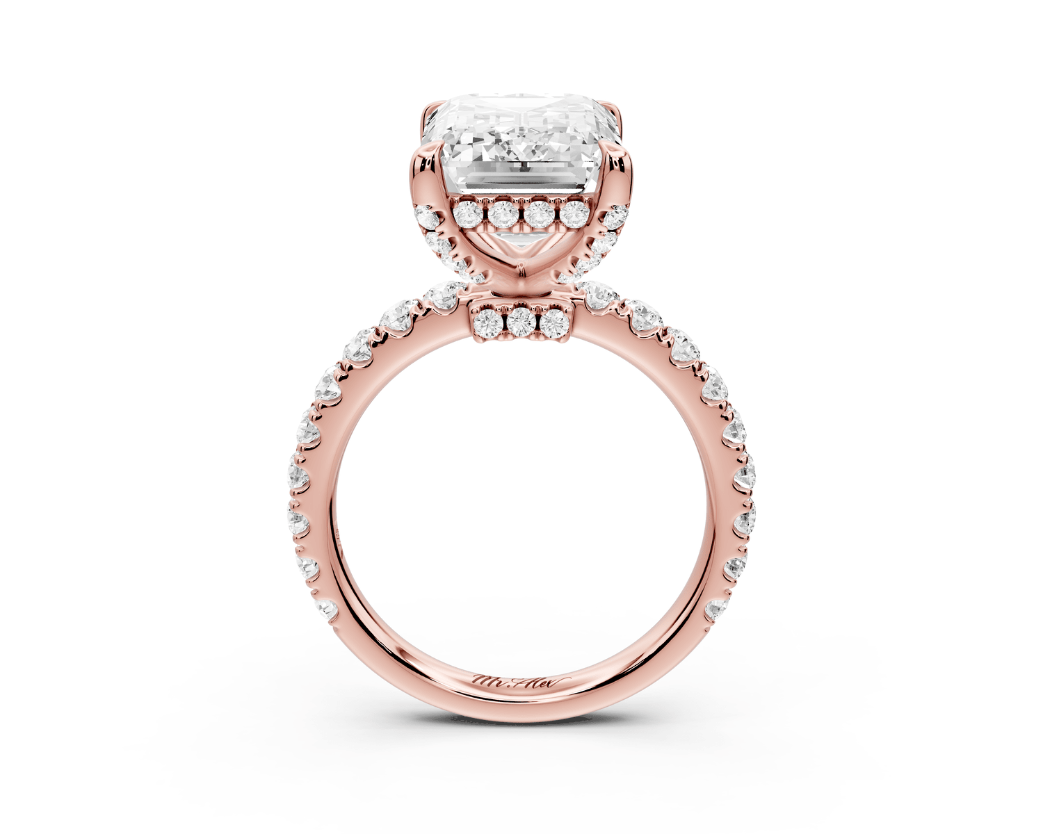 Jade - 5ct 18k rose gold emerald hidden halo diamond crown and bridge pavé engagamnet ring - Mr. Alex Jewelry
