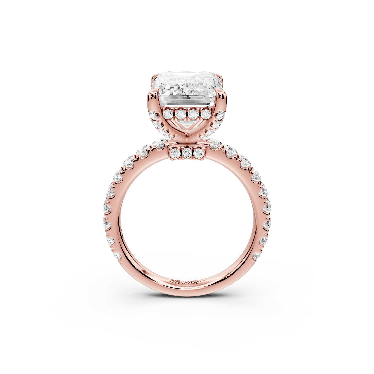 Jade - 5ct 18k rose gold emerald hidden halo diamond crown and bridge pavé engagamnet ring - Mr. Alex Jewelry