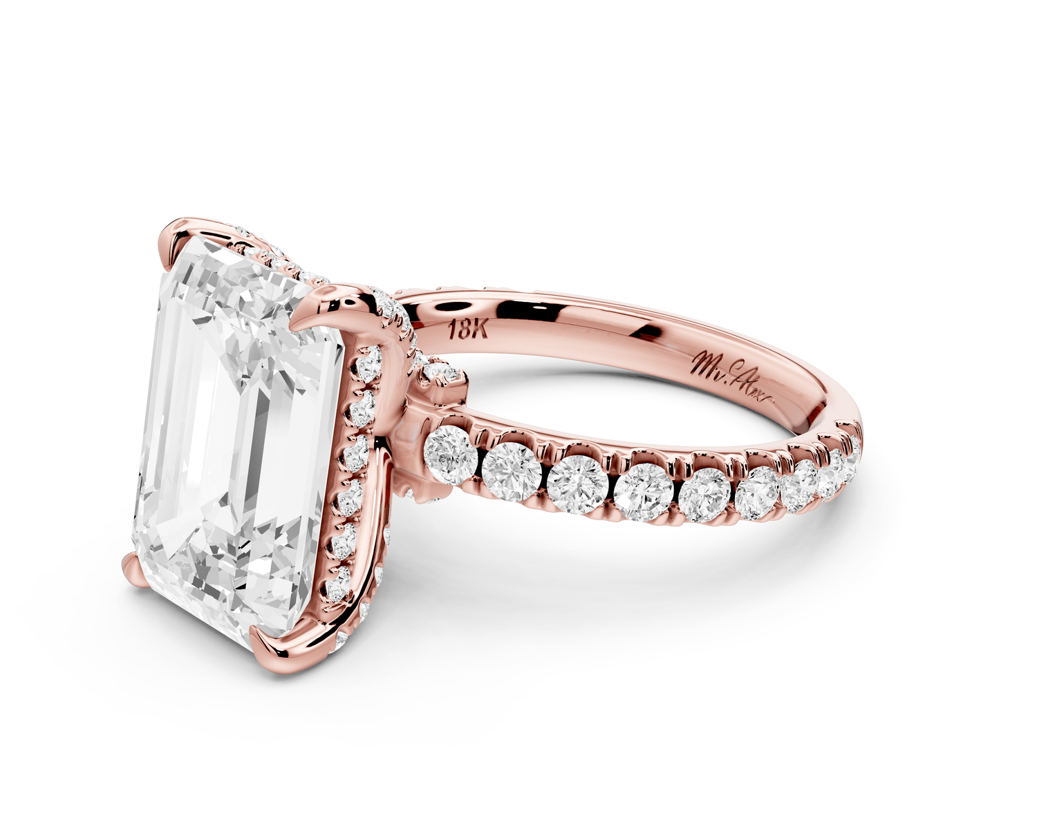 Jade - 5ct 18k rose gold emerald hidden halo diamond crown and bridge pavé engagamnet ring - Mr. Alex Jewelry