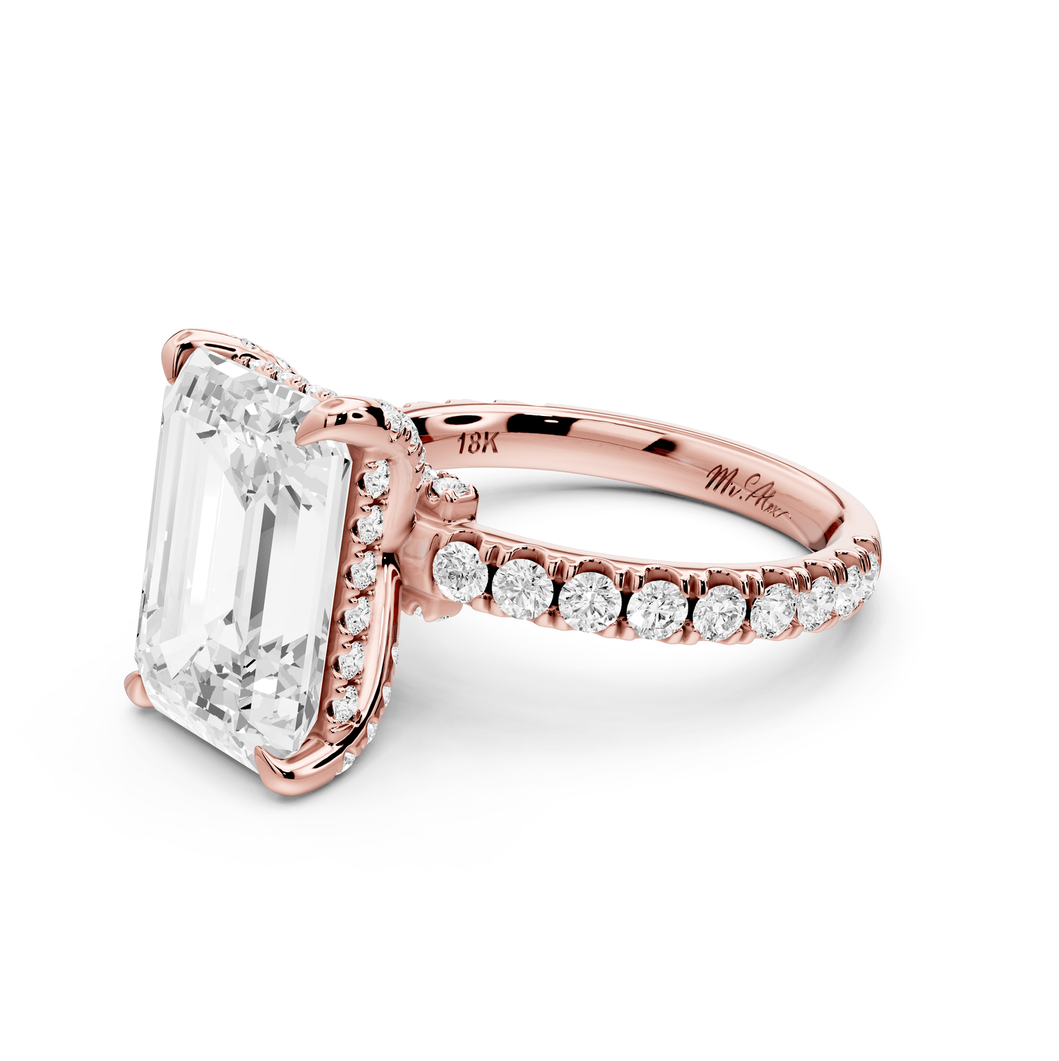 Jade - 5ct 18k rose gold emerald hidden halo diamond crown and bridge pavé engagamnet ring - Mr. Alex Jewelry