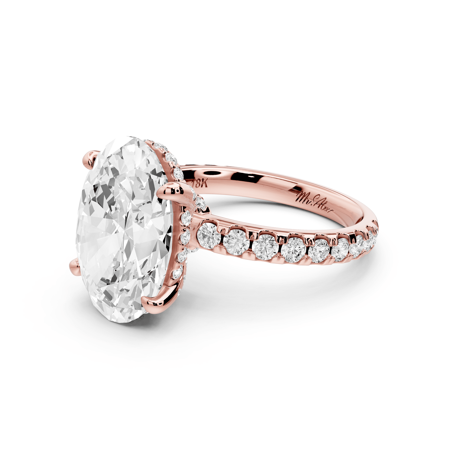 Jade - 5ct 18k rose gold oval hidden halo diamond crown and bridge pavé engagamnet ring - Mr. Alex Jewelry