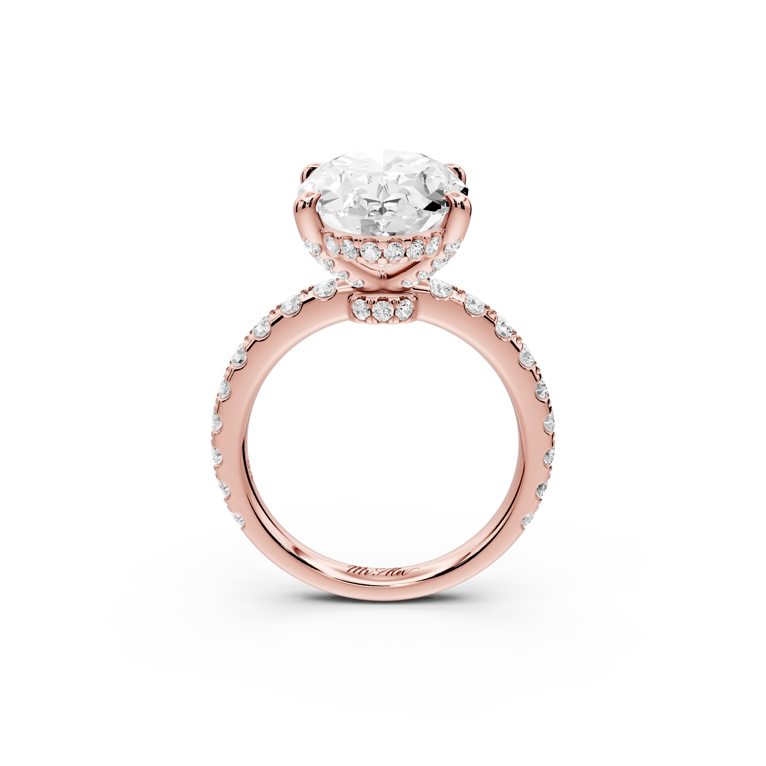 Jade - 5ct 18k rose gold oval hidden halo diamond crown and bridge pavé engagamnet ring - Mr. Alex Jewelry