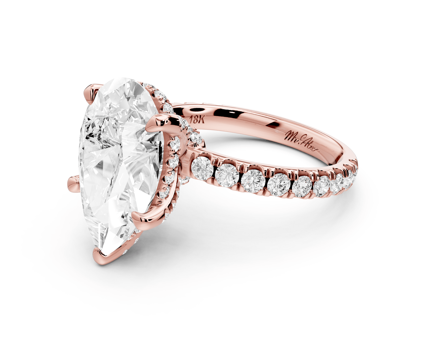 Jade - 5ct 18k rose gold pear hidden halo diamond crown and bridge pavé engagamnet ring - Mr. Alex Jewelry