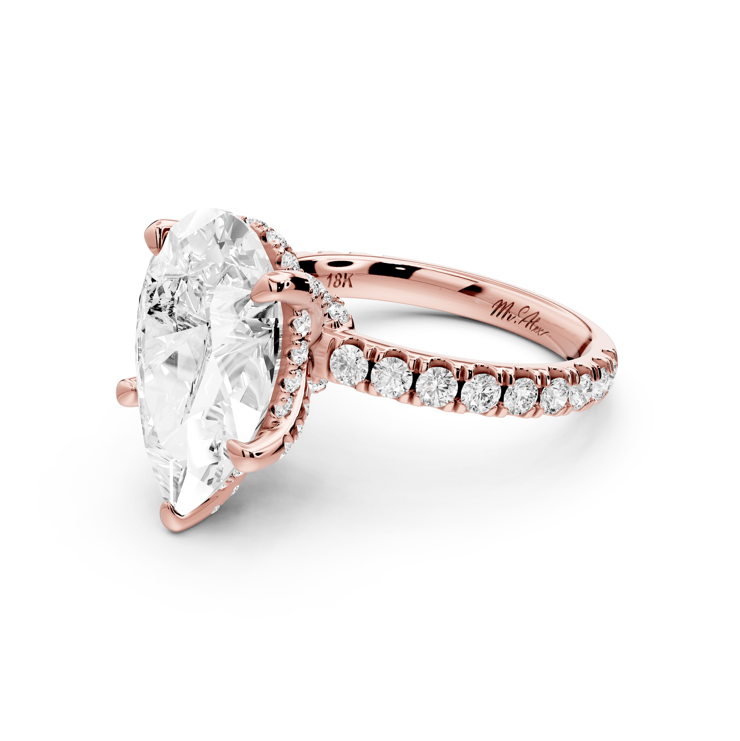 Jade - 5ct 18k rose gold pear hidden halo diamond crown and bridge pavé engagamnet ring - Mr. Alex Jewelry
