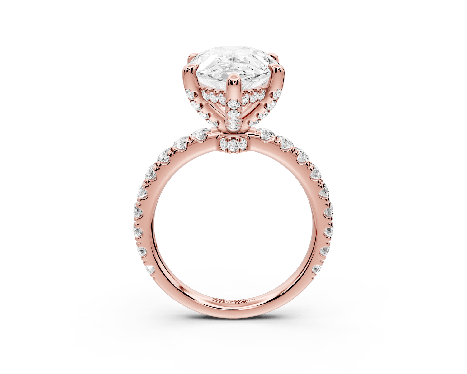 Jade - 5ct 18k rose gold pear hidden halo diamond crown and bridge pavé engagamnet ring - Mr. Alex Jewelry