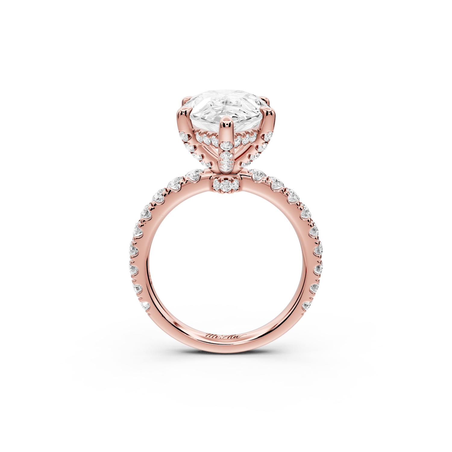 Jade - 5ct 18k rose gold pear hidden halo diamond crown and bridge pavé engagamnet ring - Mr. Alex Jewelry