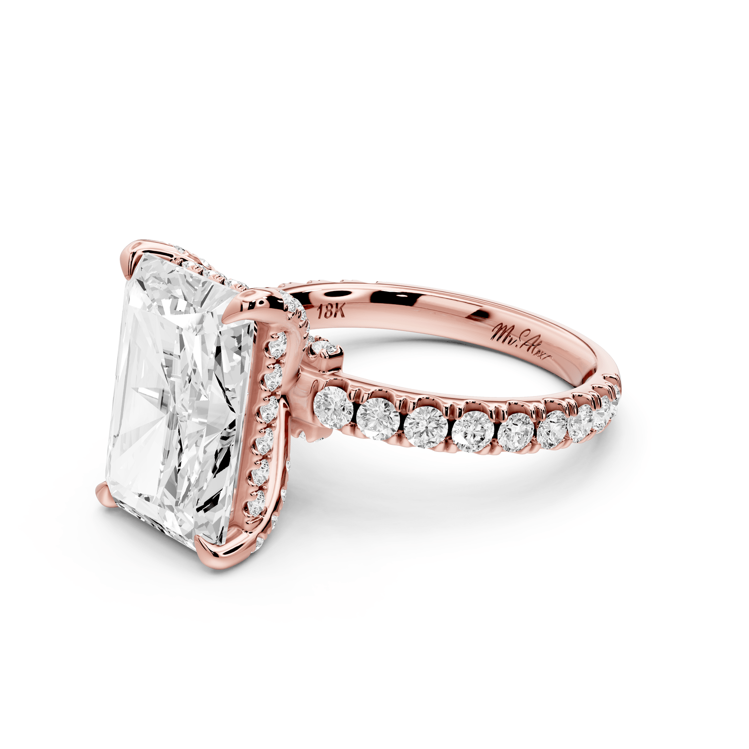 Jade - 5ct 18k rose gold radiant hidden halo diamond crown and bridge pavé engagement ring - Mr. Alex Jewelry