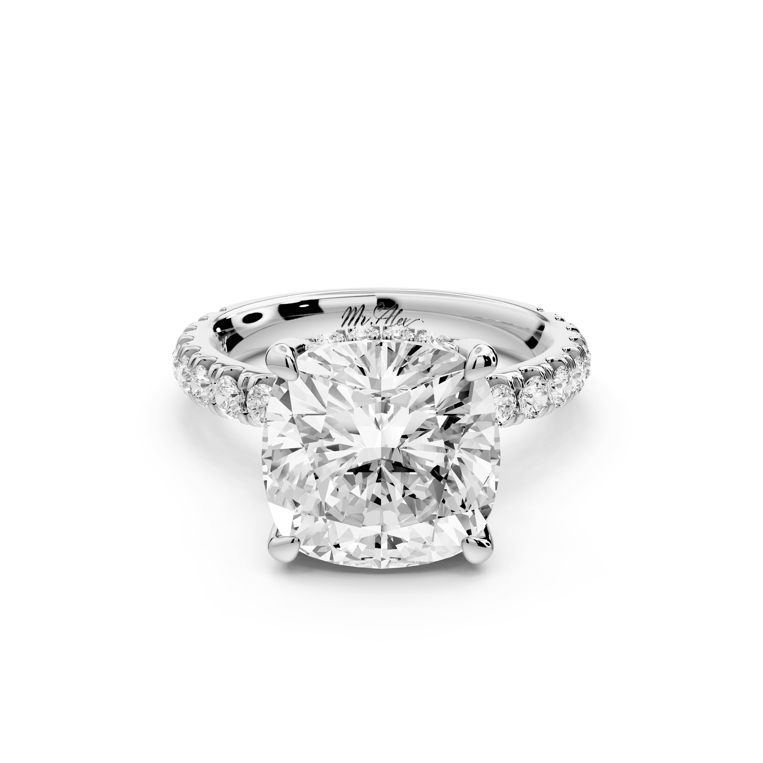 Jade - 5ct 18k white gold cushion hidden halo diamond crown and bridge pavé engagement ring - Mr. Alex Jewelry