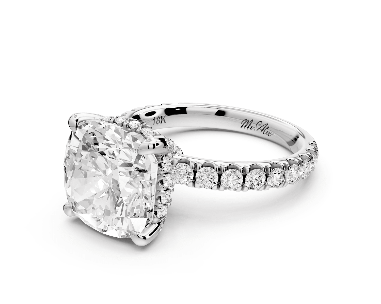 Jade - 5ct 18k white gold cushion hidden halo diamond crown and bridge pavé engagement ring - Mr. Alex Jewelry