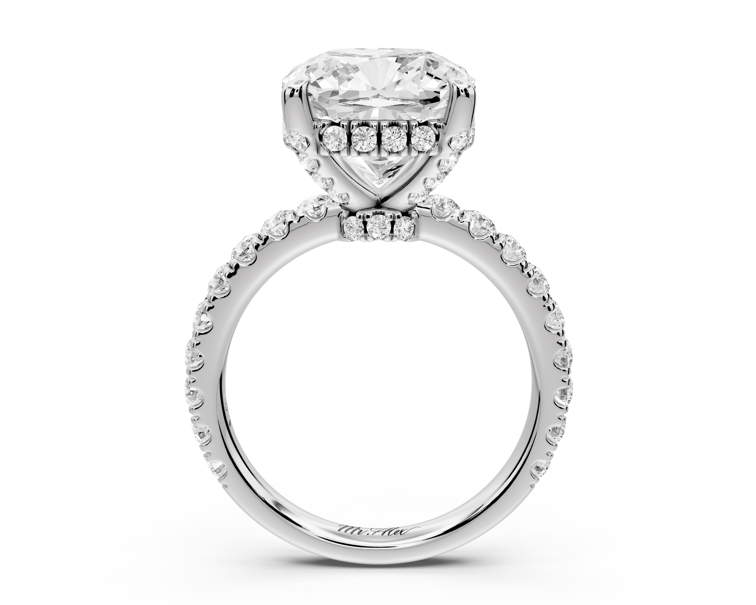 Jade - 5ct 18k white gold cushion hidden halo diamond crown and bridge pavé engagement ring - Mr. Alex Jewelry