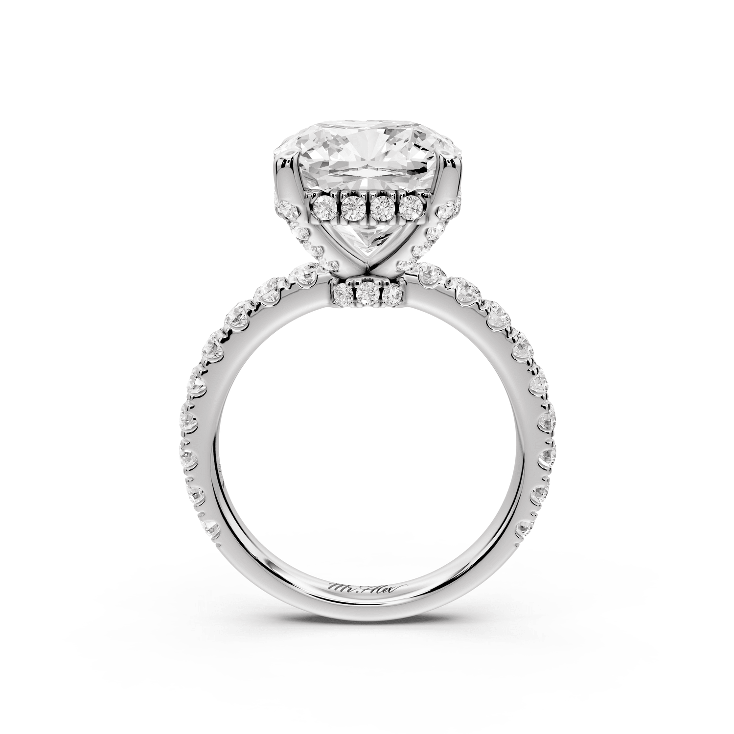 Jade - 5ct 18k white gold cushion hidden halo diamond crown and bridge pavé engagement ring - Mr. Alex Jewelry