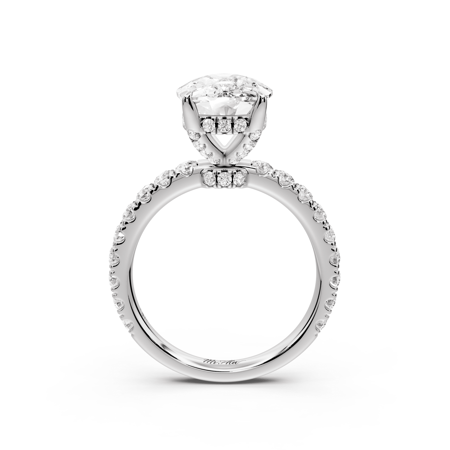 Jade - 5ct 18k white gold ecushion hidden halo diamond crown and bridge pavé engagement ring - Mr. Alex Jewelry