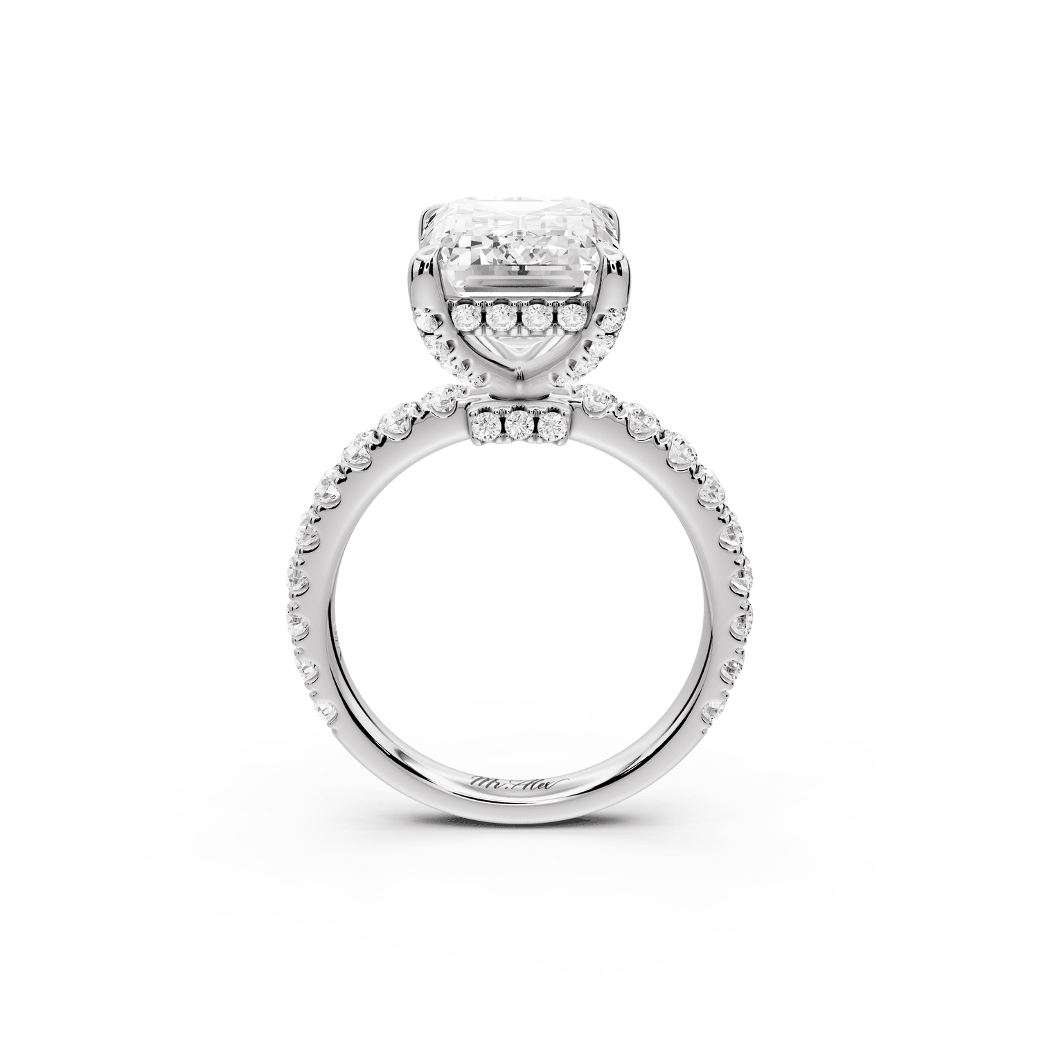 Jade - 5ct 18k white gold emerald hidden halo diamond crown and bridge pavé engagamnet ring - Mr. Alex Jewelry
