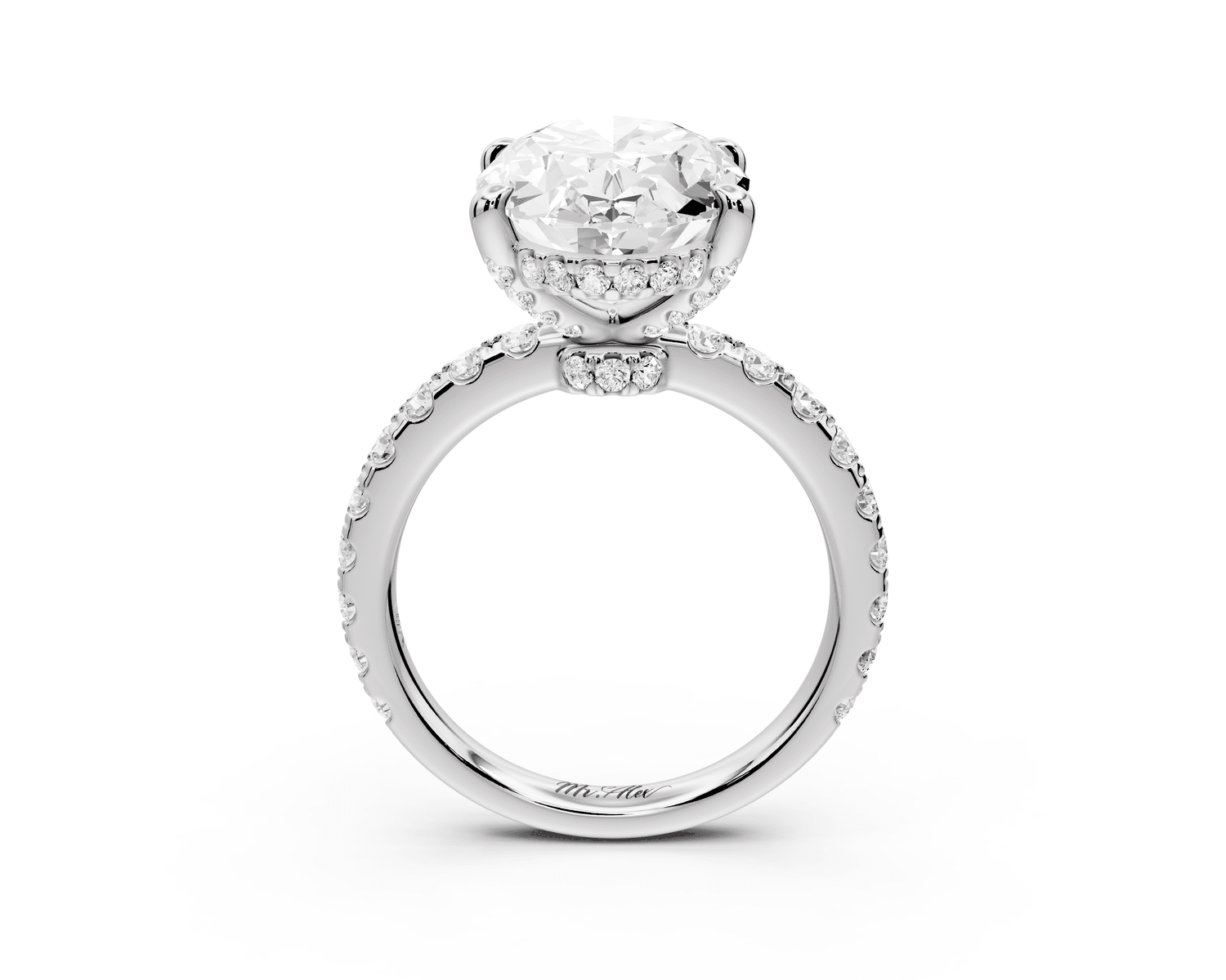 Jade - 5ct 18k white gold oval hidden halo diamond crown and bridge pavé engagamnet ring - Mr. Alex Jewelry