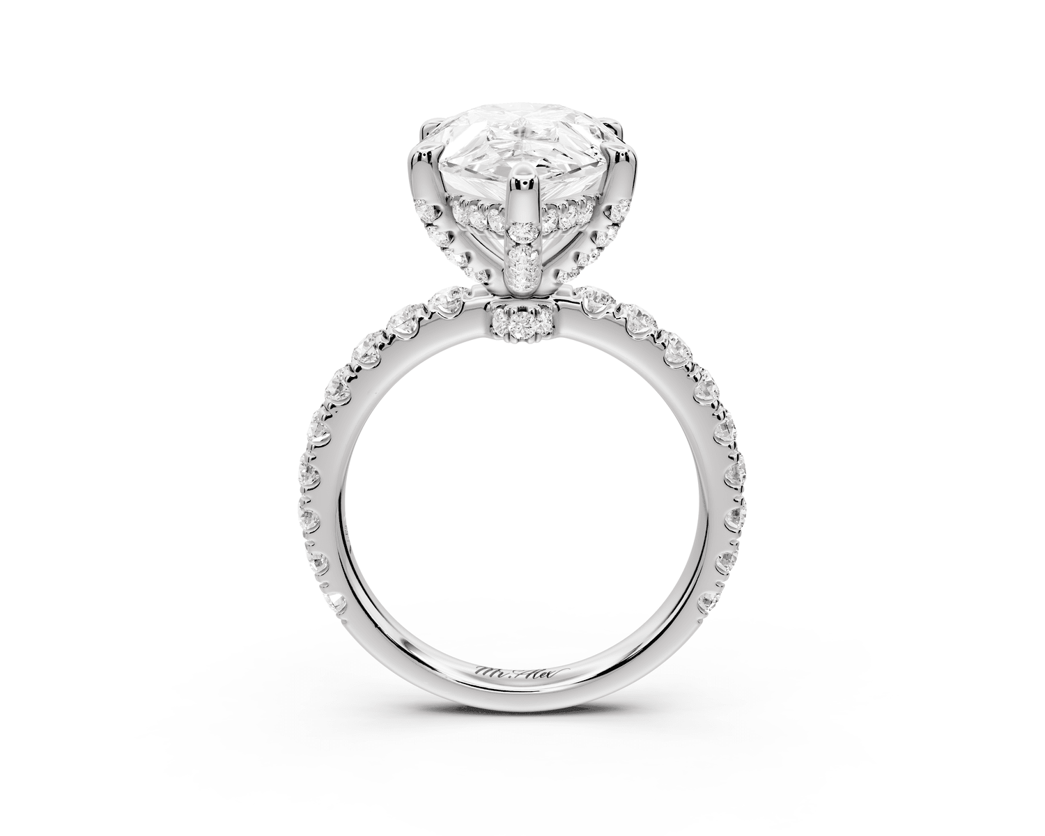 Jade - 5ct 18k white gold pear hidden halo diamond crown and bridge pavé engagamnet ring - Mr. Alex Jewelry
