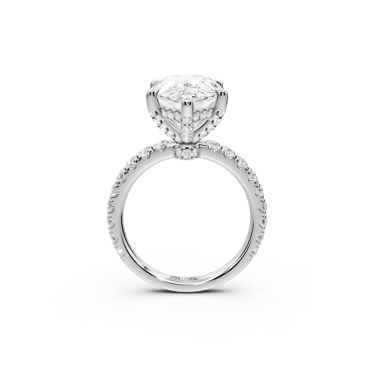 Jade - 5ct 18k white gold pear hidden halo diamond crown and bridge pavé engagamnet ring - Mr. Alex Jewelry