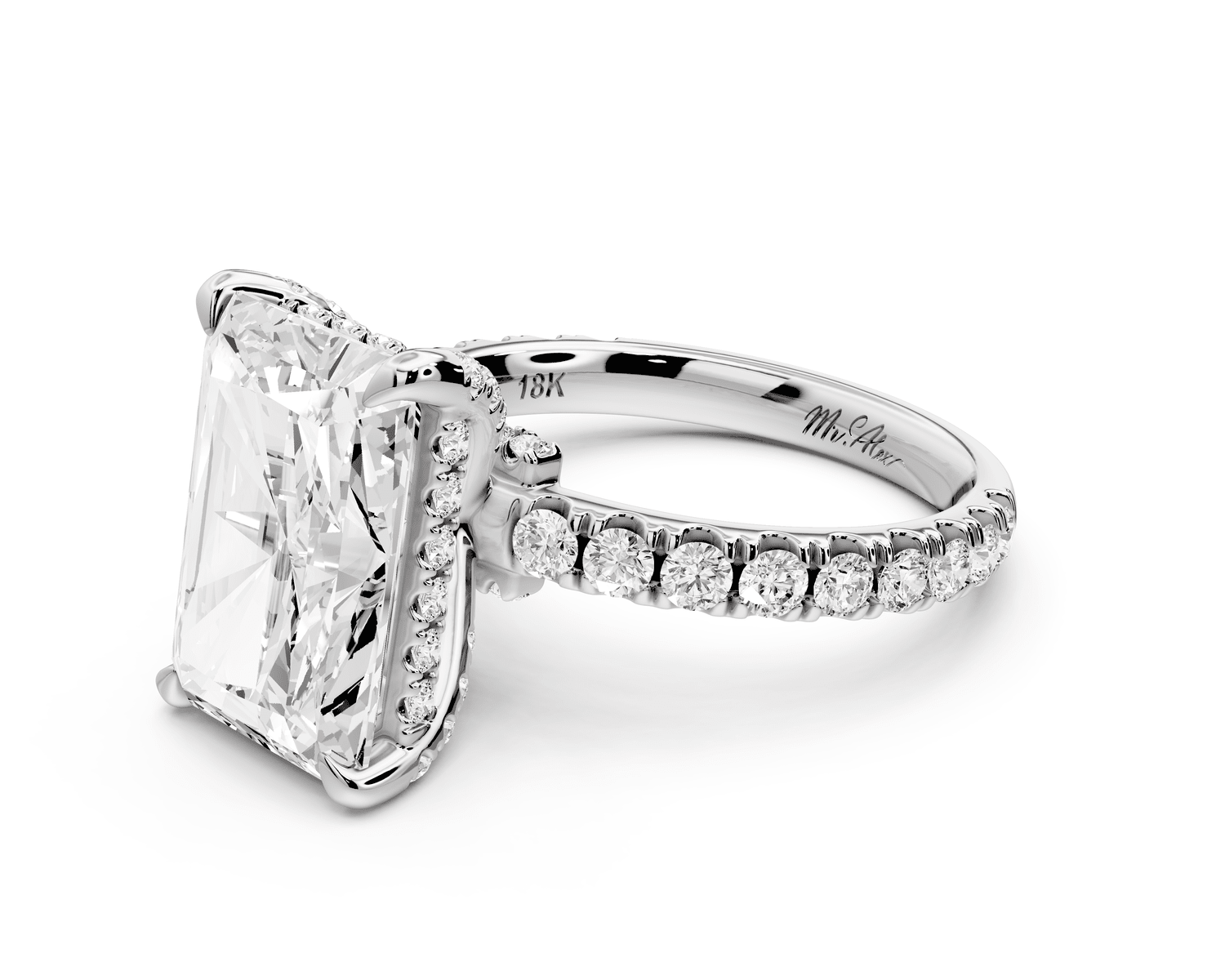 Jade - 5ct 18k white gold radiant hidden halo diamond crown and bridge pavé engagement ring - Mr. Alex Jewelry