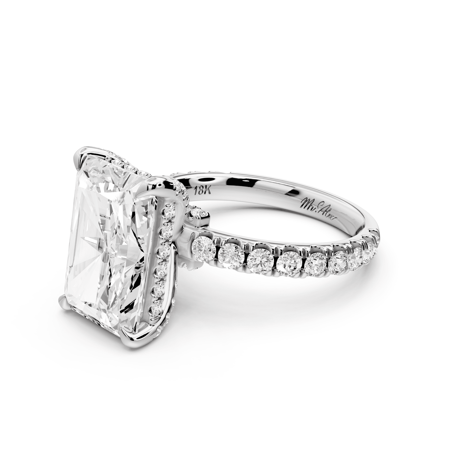 Jade - 5ct 18k white gold radiant hidden halo diamond crown and bridge pavé engagement ring - Mr. Alex Jewelry