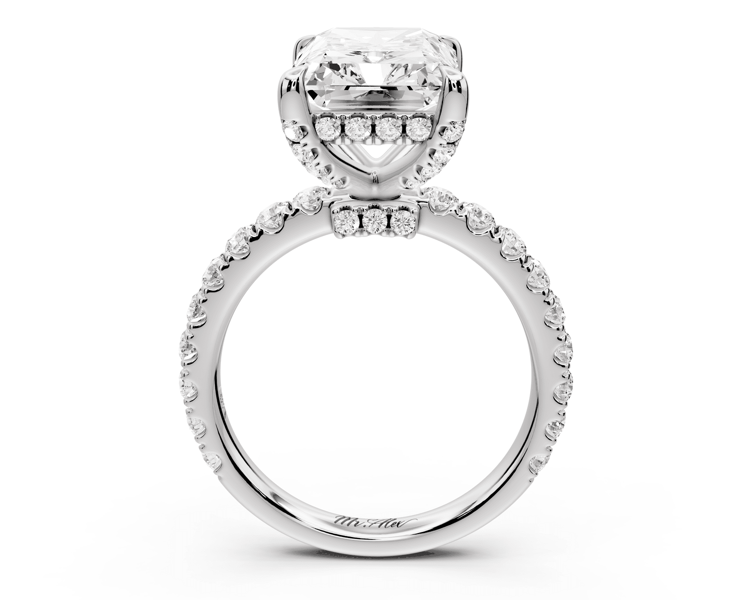 Jade - 5ct 18k white gold radiant hidden halo diamond crown and bridge pavé engagement ring - Mr. Alex Jewelry