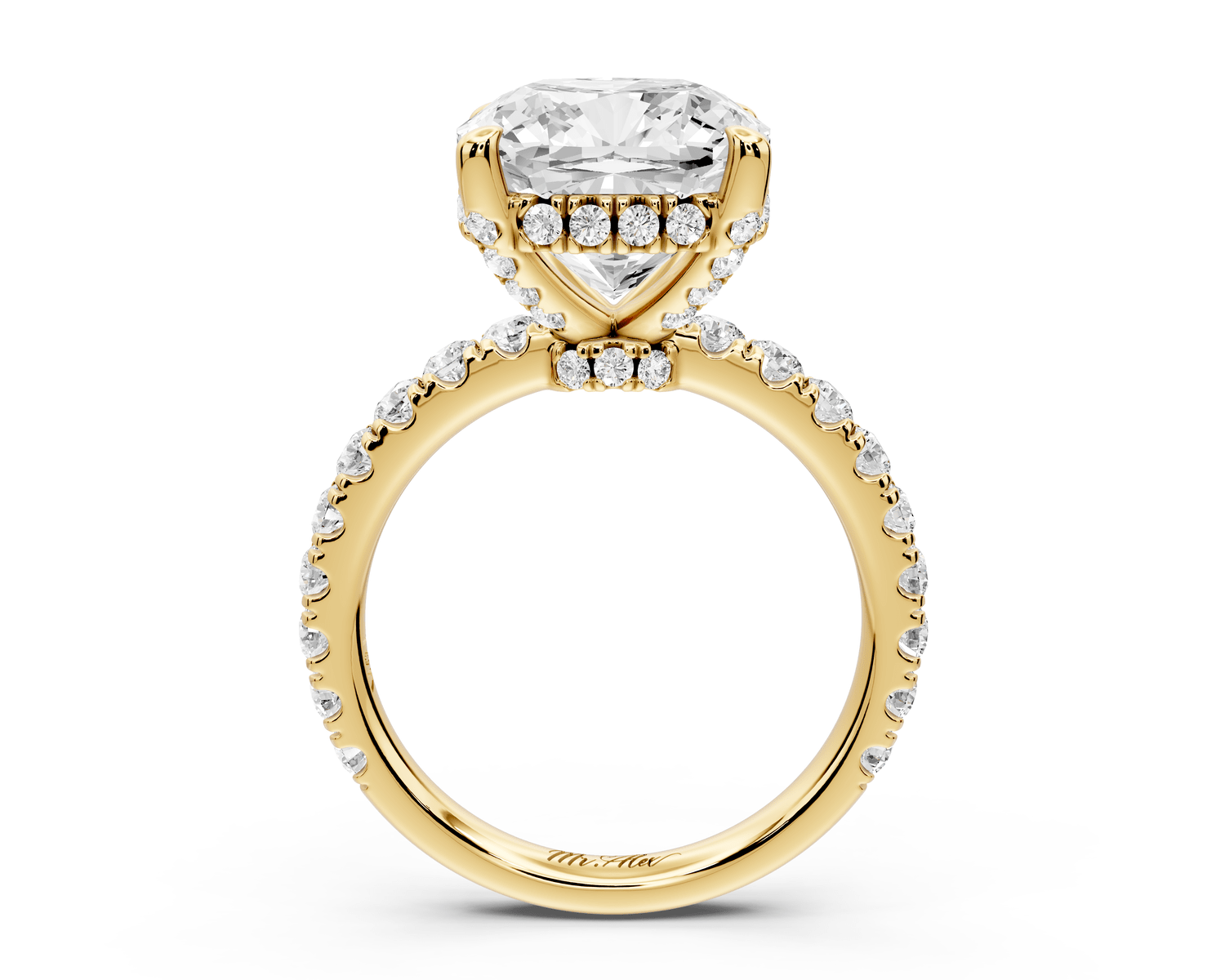 Jade - 5ct 18k yellow gold cushion hidden halo diamond crown and bridge pavé engagement ring - Mr. Alex Jewelry