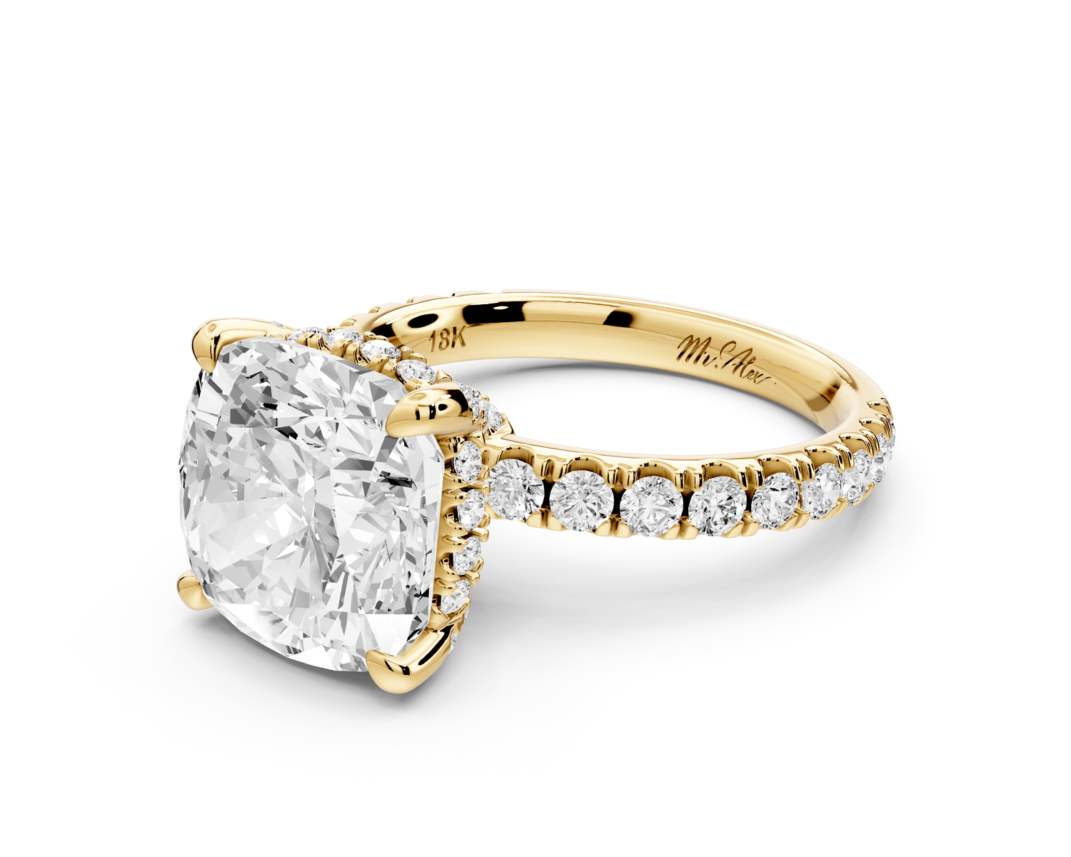 Jade - 5ct 18k yellow gold cushion hidden halo diamond crown and bridge pavé engagement ring - Mr. Alex Jewelry