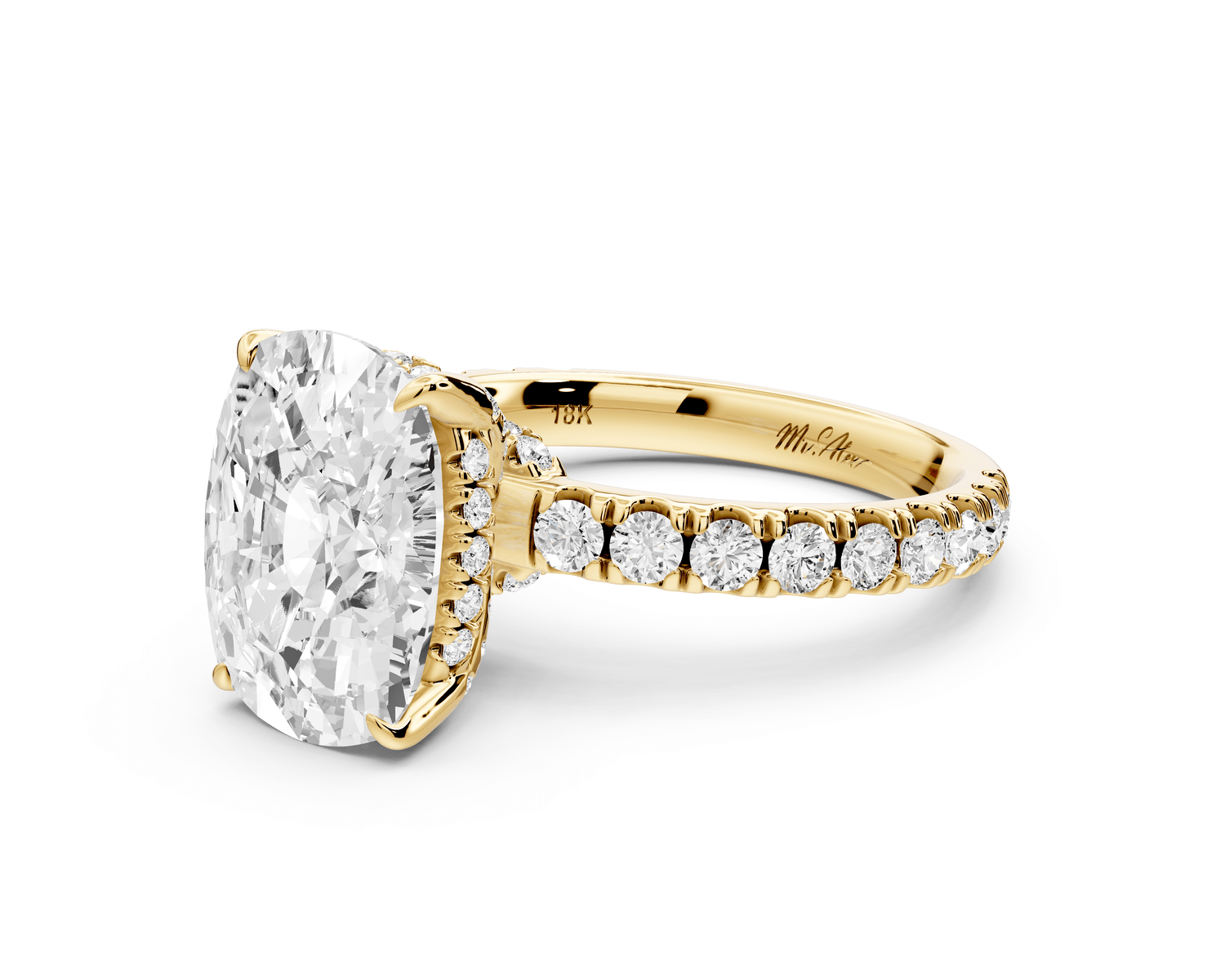 Jade - 5ct 18k yellow gold ecushion hidden halo diamond crown and bridge pavé engagement ring - Mr. Alex Jewelry