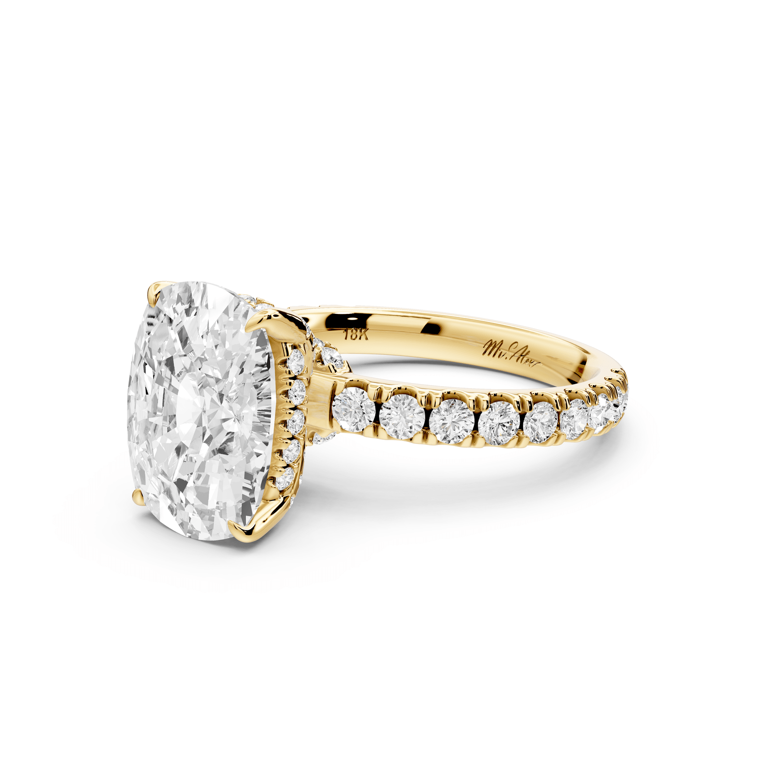 Jade - 5ct 18k yellow gold ecushion hidden halo diamond crown and bridge pavé engagement ring - Mr. Alex Jewelry