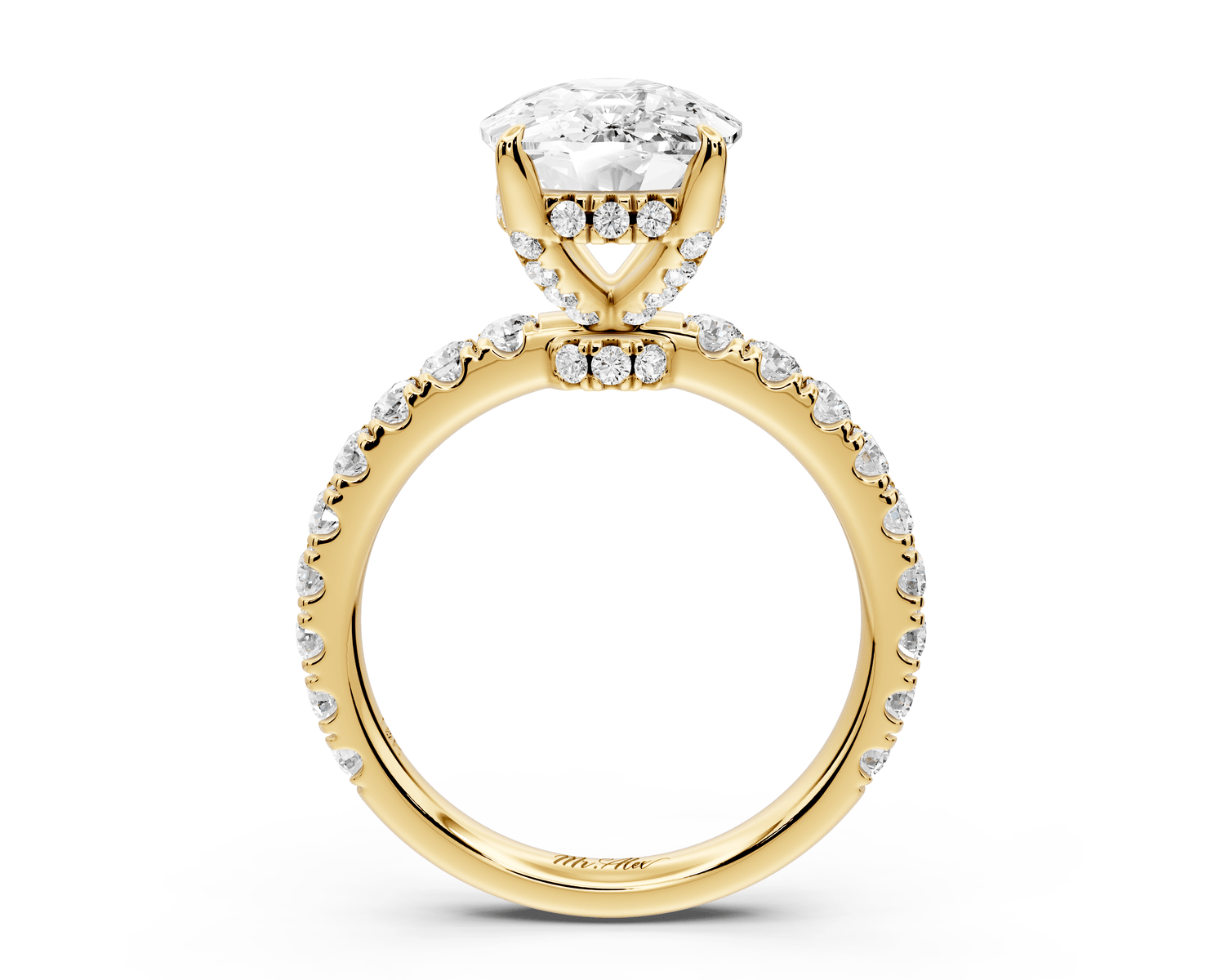 Jade - 5ct 18k yellow gold ecushion hidden halo diamond crown and bridge pavé engagement ring - Mr. Alex Jewelry
