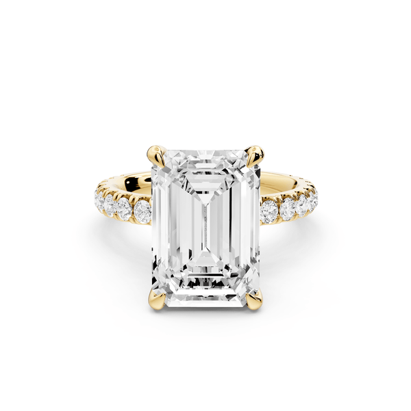 Jade - 5ct 18k yellow gold emerald hidden halo diamond crown and bridge pavé engagamnet ring - Mr. Alex Jewelry