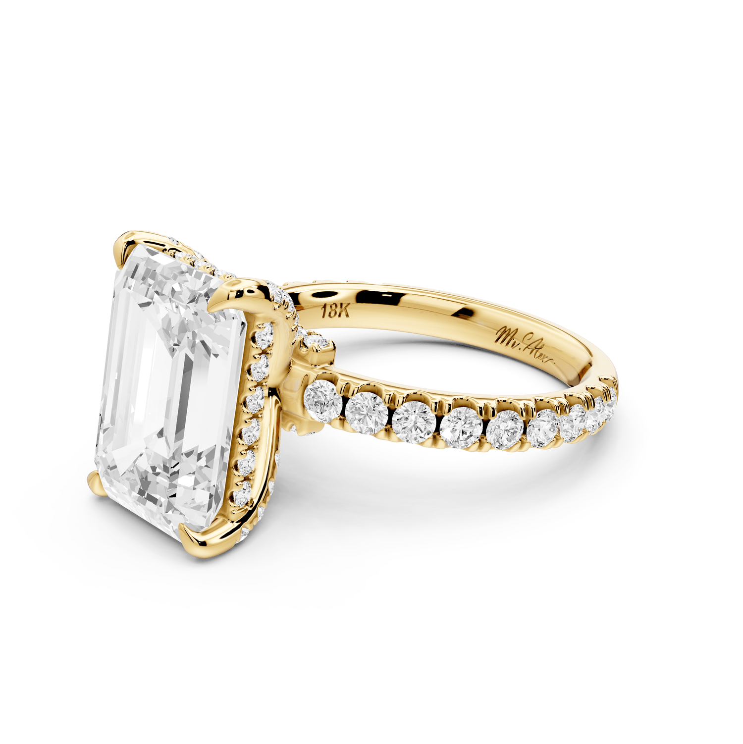 Jade - 5ct 18k yellow gold emerald hidden halo diamond crown and bridge pavé engagamnet ring - Mr. Alex Jewelry