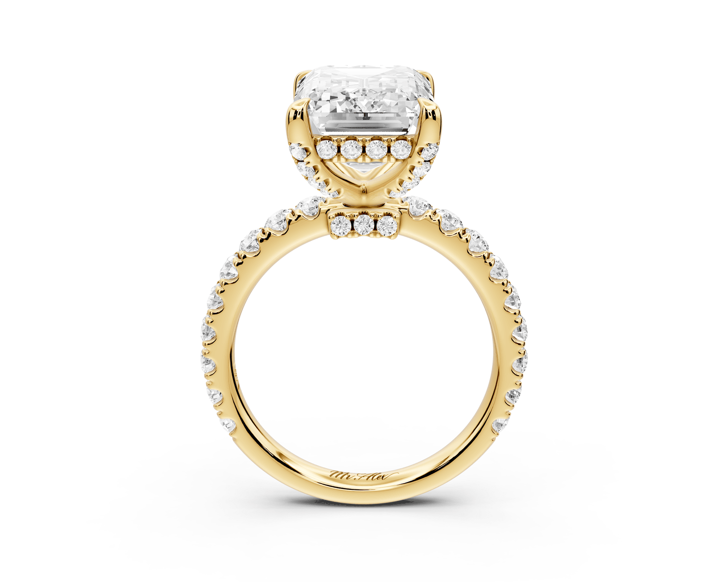 Jade - 5ct 18k yellow gold emerald hidden halo diamond crown and bridge pavé engagamnet ring - Mr. Alex Jewelry