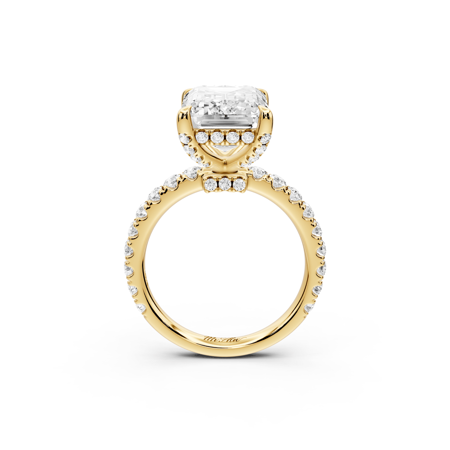Jade - 5ct 18k yellow gold emerald hidden halo diamond crown and bridge pavé engagamnet ring - Mr. Alex Jewelry