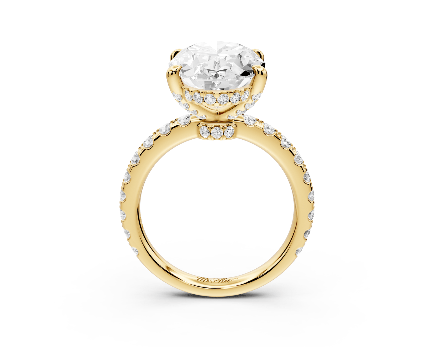 Jade - 5ct 18k yellow gold oval hidden halo diamond crown and bridge pavé engagamnet ring - Mr. Alex Jewelry