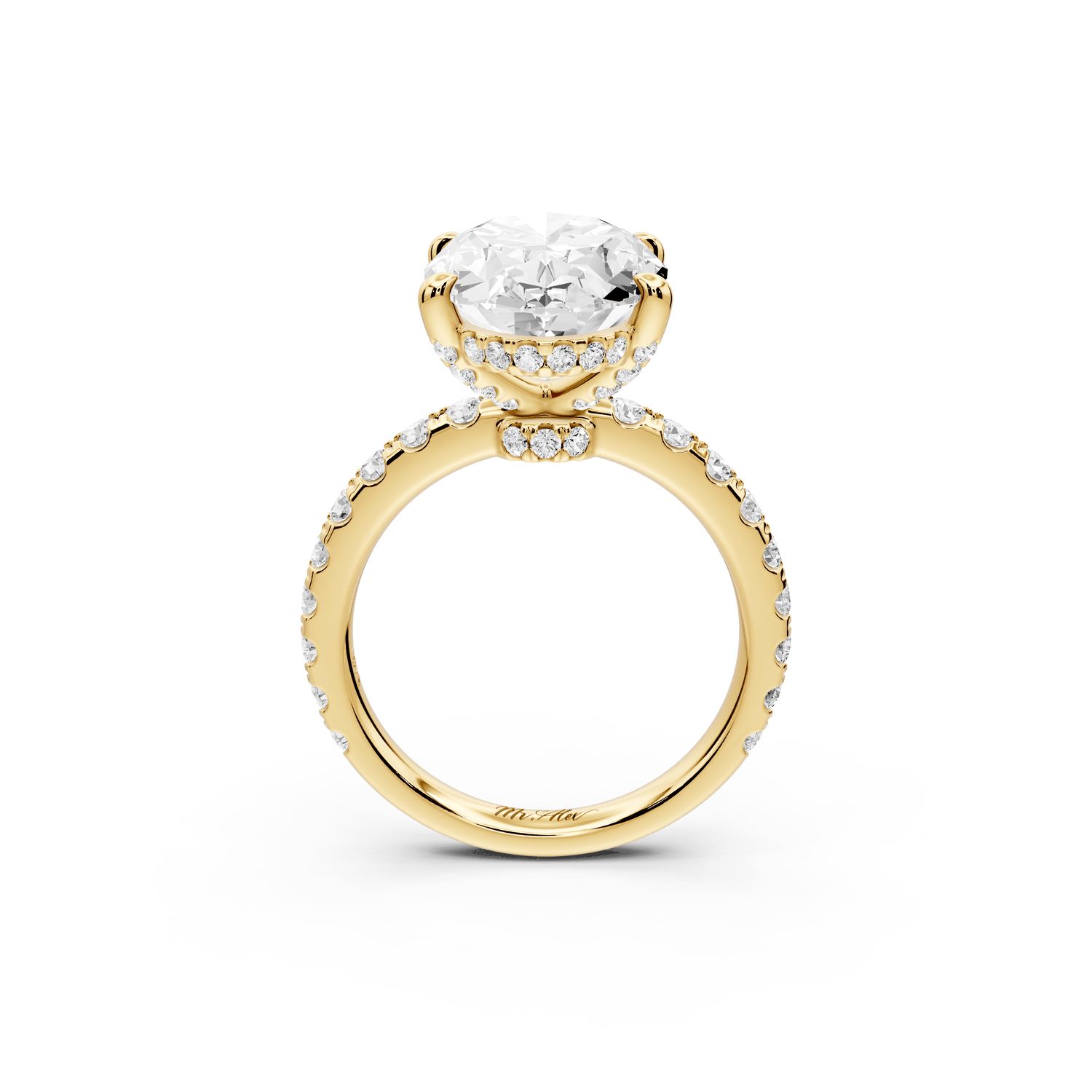 Jade - 5ct 18k yellow gold oval hidden halo diamond crown and bridge pavé engagamnet ring - Mr. Alex Jewelry