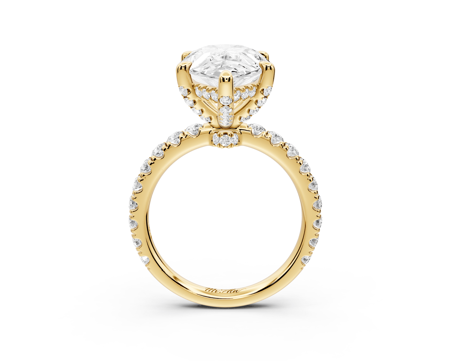 Jade - 5ct 18k yellow gold pear hidden halo diamond crown and bridge pavé engagamnet ring - Mr. Alex Jewelry
