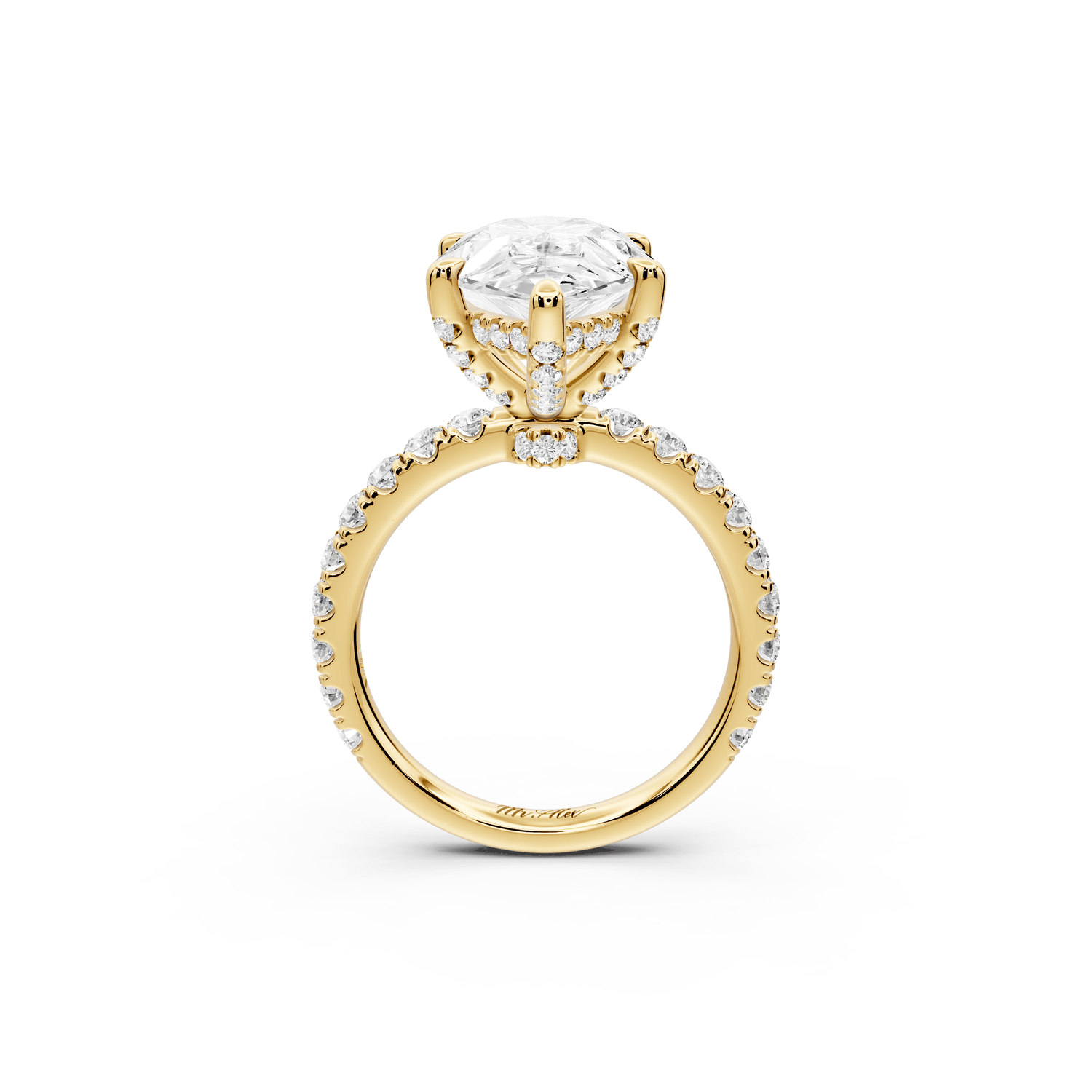 Jade - 5ct 18k yellow gold pear hidden halo diamond crown and bridge pavé engagamnet ring - Mr. Alex Jewelry