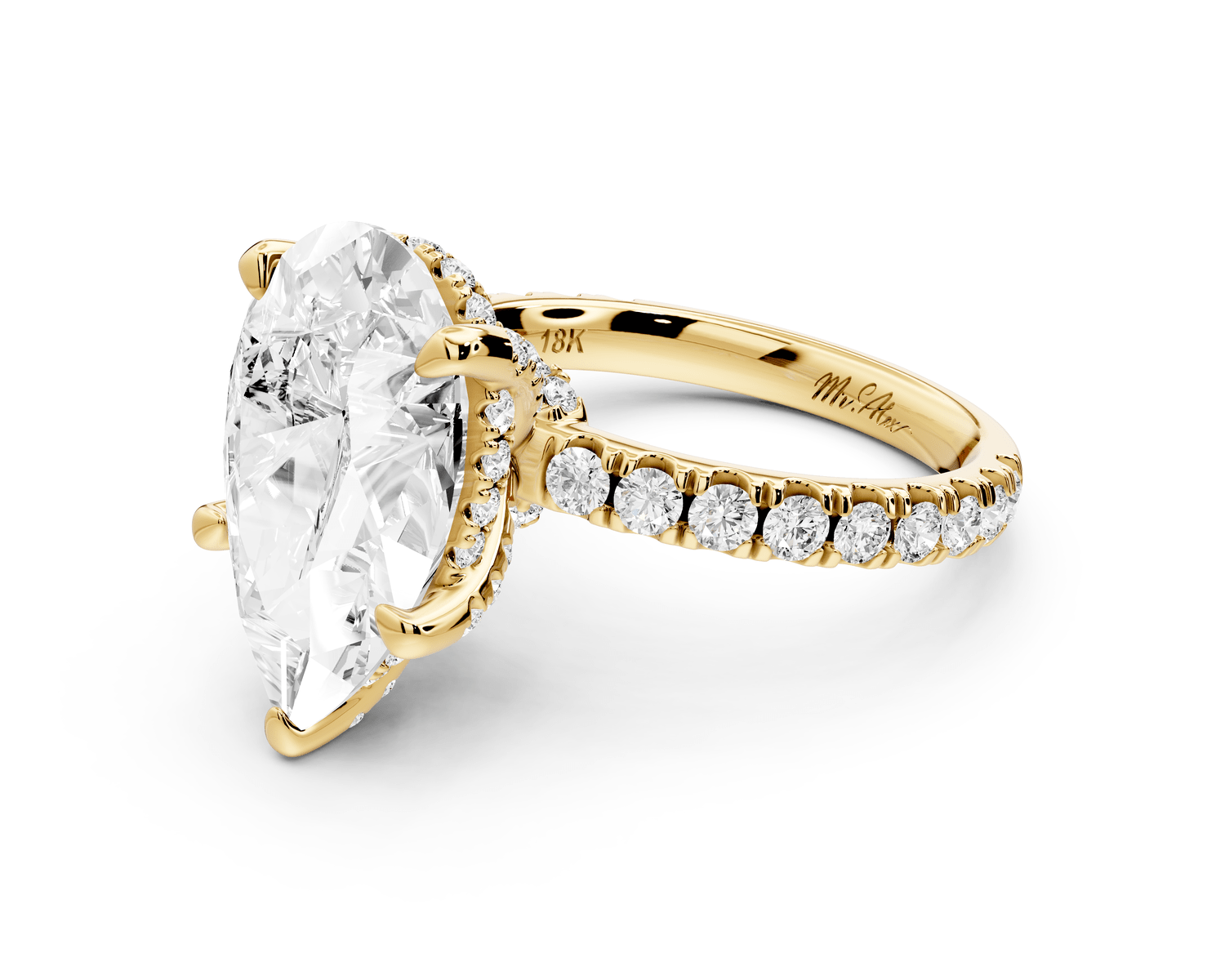 Jade - 5ct 18k yellow gold pear hidden halo diamond crown and bridge pavé engagamnet ring - Mr. Alex Jewelry