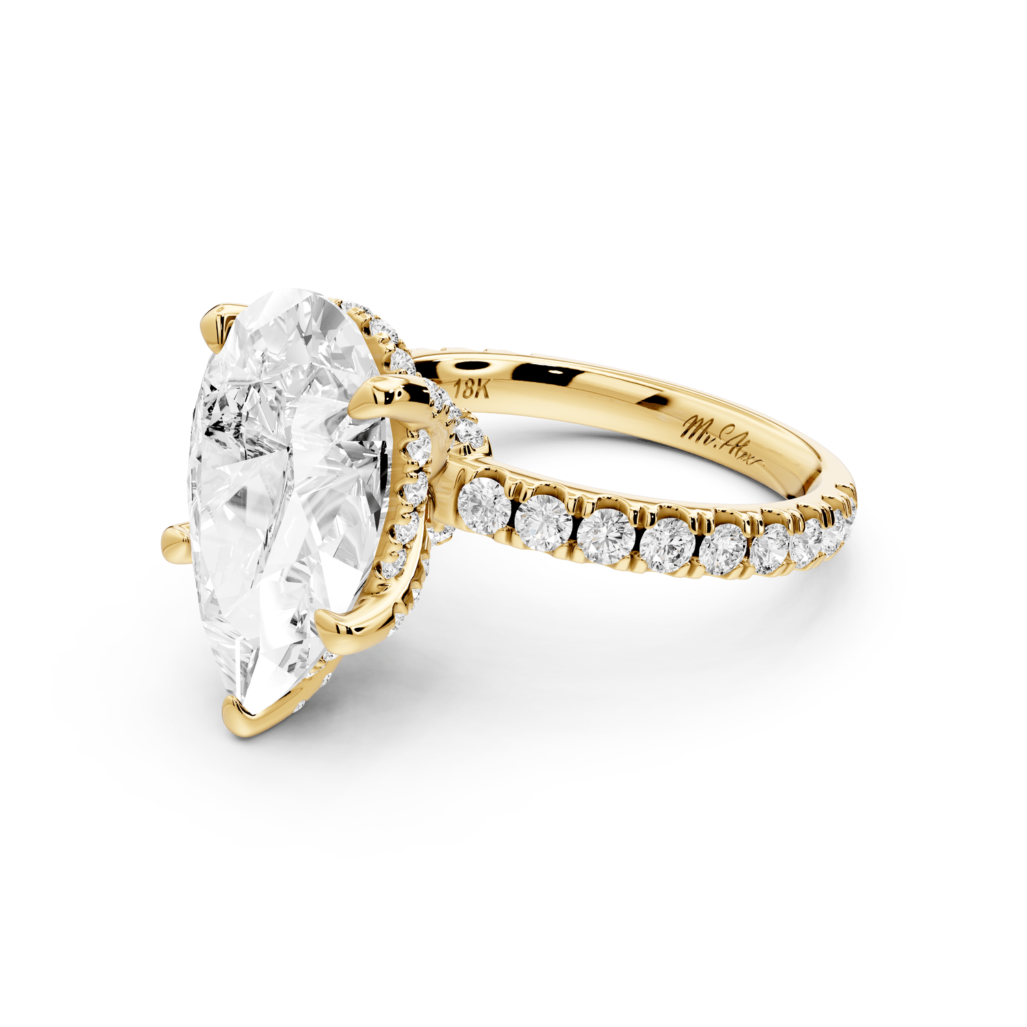 Jade - 5ct 18k yellow gold pear hidden halo diamond crown and bridge pavé engagamnet ring - Mr. Alex Jewelry