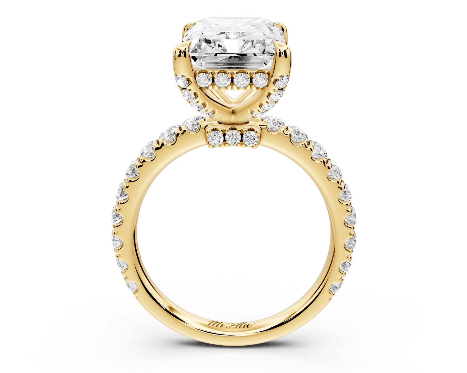Jade - 5ct 18k yellow gold radiant hidden halo diamond crown and bridge pavé engagement ring - Mr. Alex Jewelry