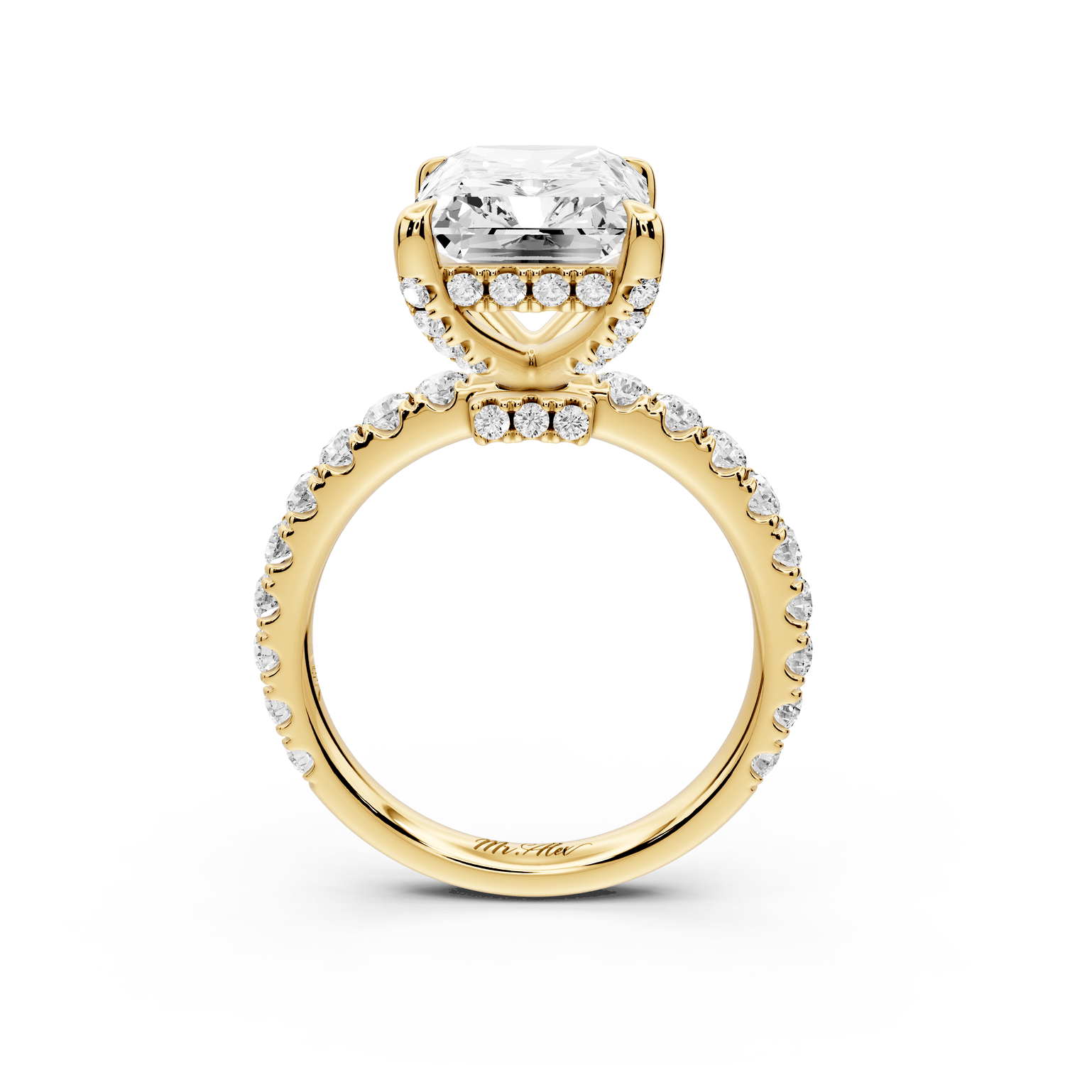 Jade - 5ct 18k yellow gold radiant hidden halo diamond crown and bridge pavé engagement ring - Mr. Alex Jewelry