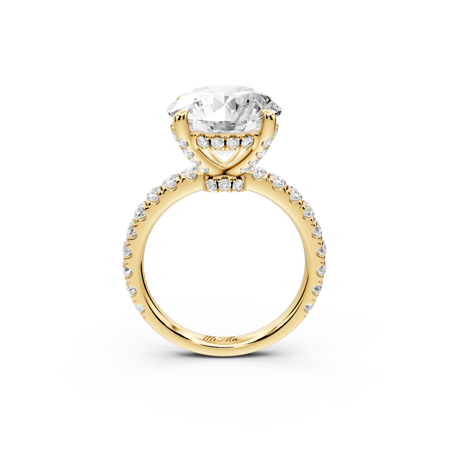 Jade - 5ct 18k yellow gold round hidden halo diamond crown and bridge pavé engagamnet ring - Mr. Alex Jewelry