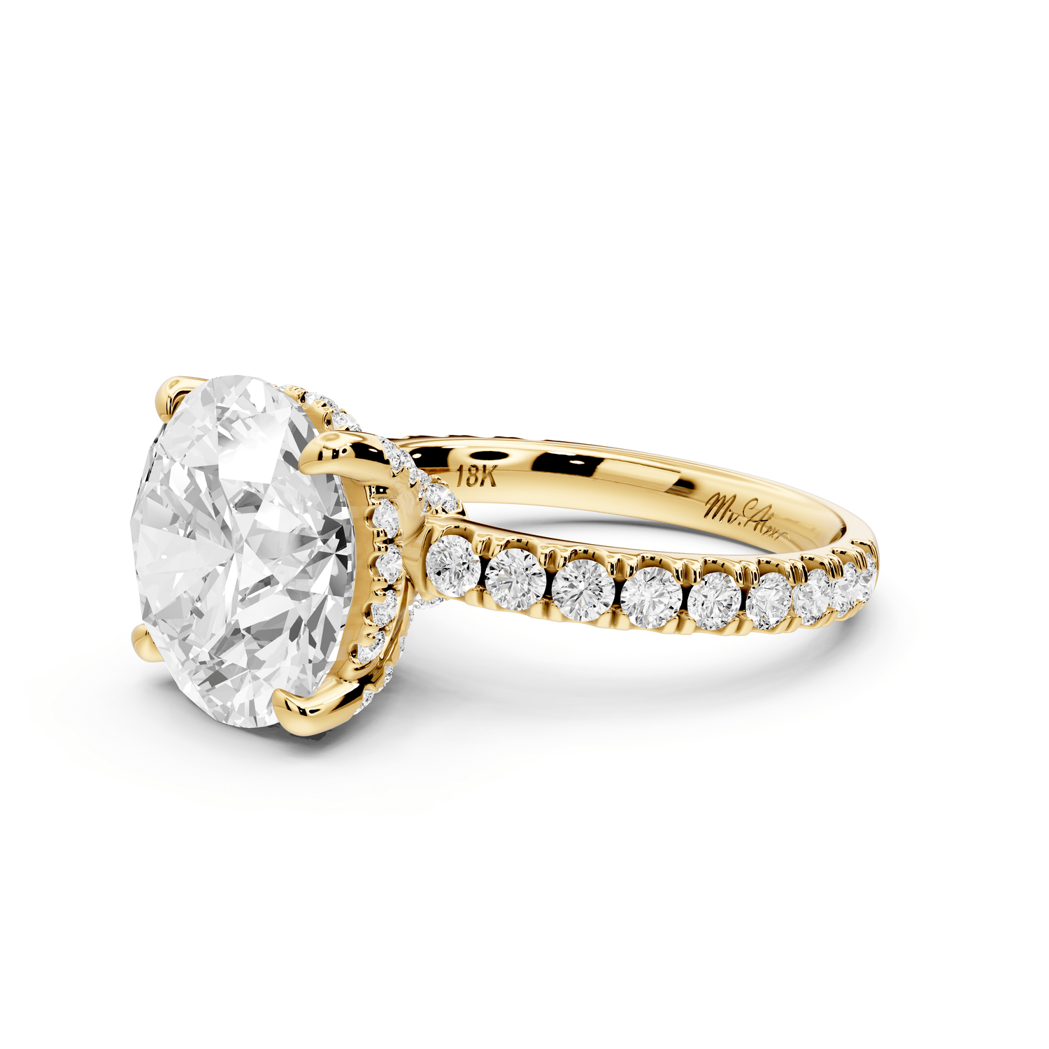 Jade - 5ct 18k yellow gold round hidden halo diamond crown and bridge pavé engagamnet ring - Mr. Alex Jewelry